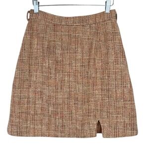 Cotre Tweed Plaid Mini Skirt Brown Pink Gold Metallic Slit Size L‎ NWOT